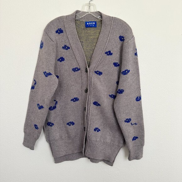 Ader Error Oversized Floral Jacquard Cardigan Gray Size Medium Step Hem Buttons - Picture 2 of 12